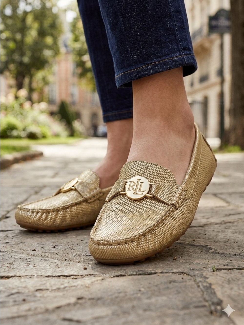 Ralph Lauren Metallic Gold Leather Loafers with RL Medallion
